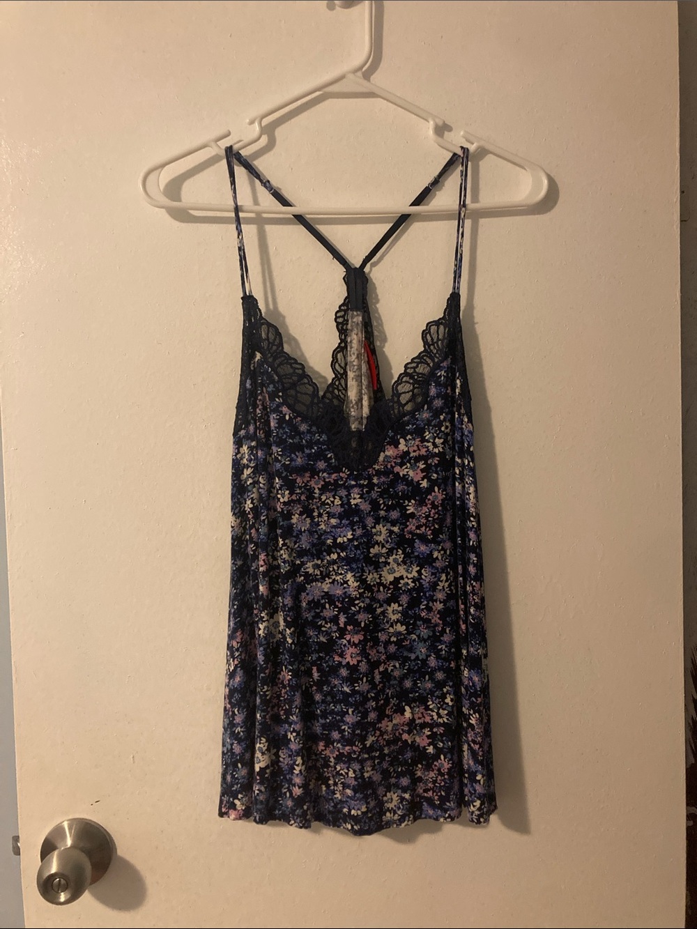 Floral Lace Trim Cami / Tank Top - Purple with Pink, Blue  & Cream Flowers